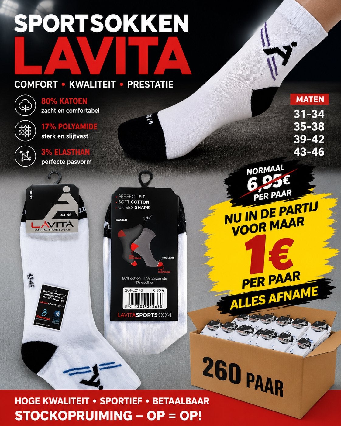 Partijhandel Lavita Sportsokken - Comfort & Kwaliteit, Sokken en Kniesokken, Wit, Nieuw, Overige maten