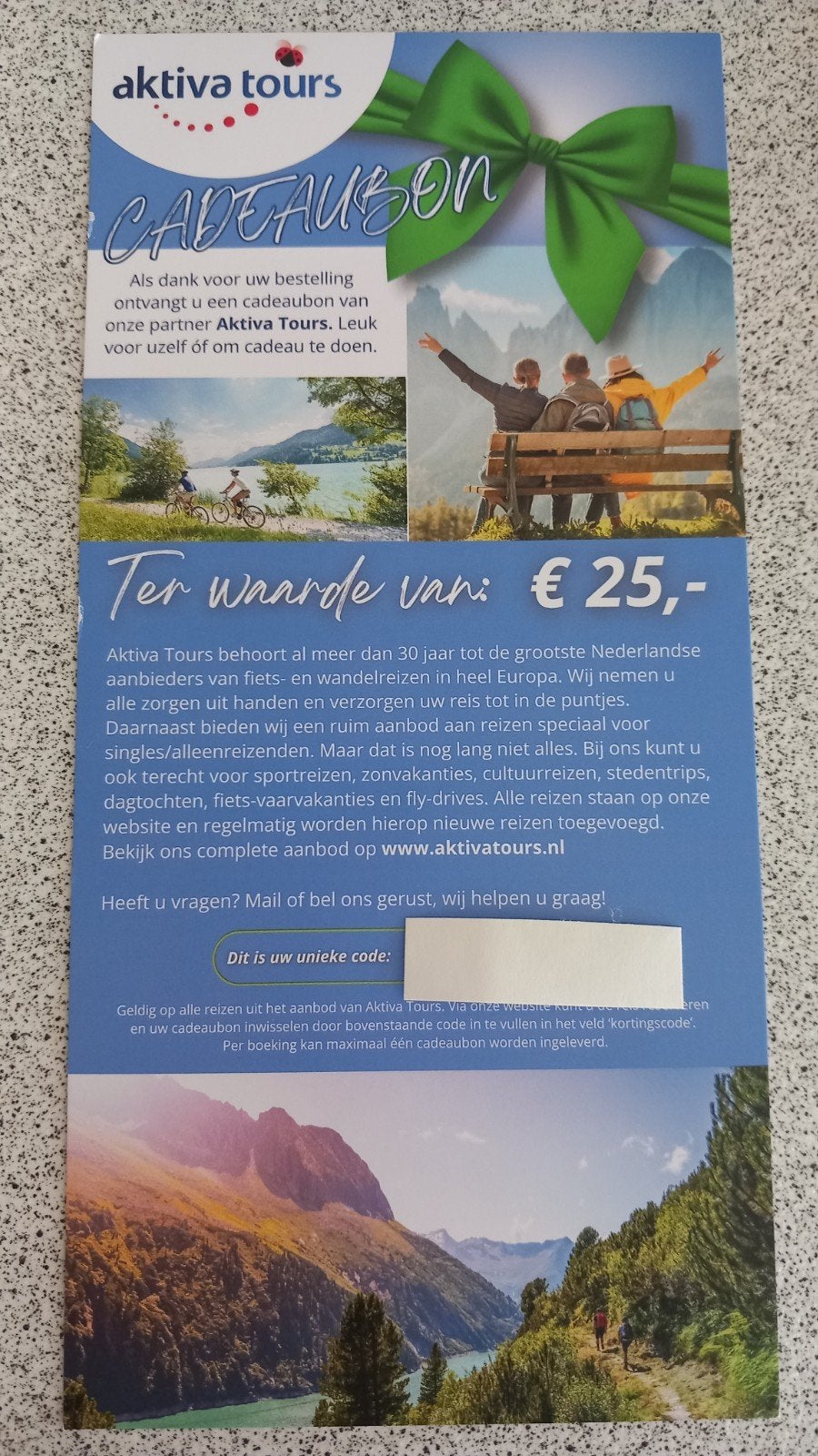 Cadeaubon Aktiva Tours twv €25, Eén persoon, Cadeaubon