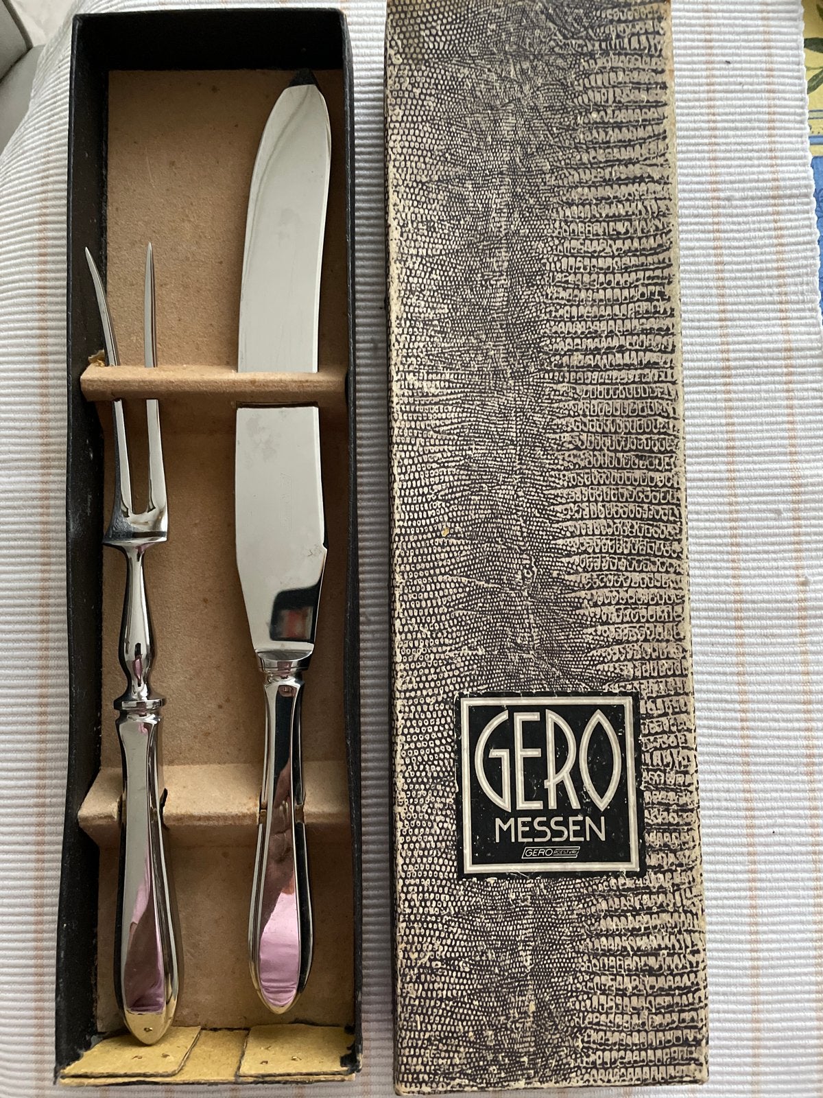 Vintage Gero Messen vleesvork en vleesmes in originele doos, Ophalen of Verzenden