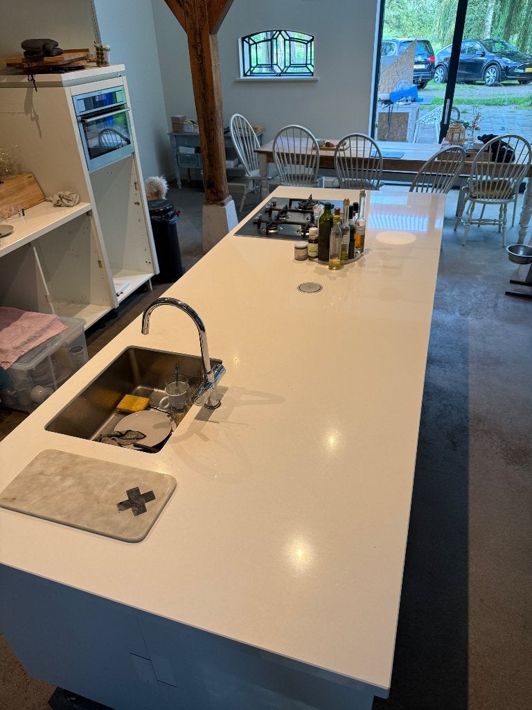 Groot wit composiet kookeilandblad 311x160 cm – opgedikt, Ophalen, Gebruikt, 75 cm of meer, Wit