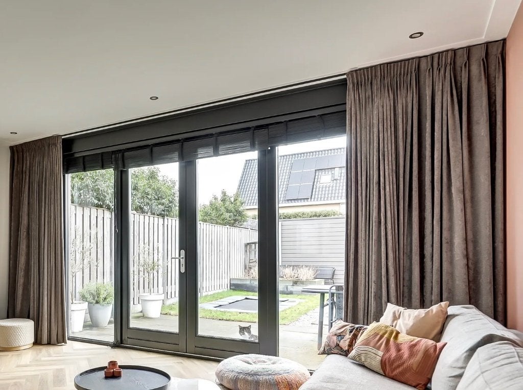 Velours gordijnen taupe, 500 cm, Verduisterend, Ophalen of Verzenden, Zo goed als nieuw