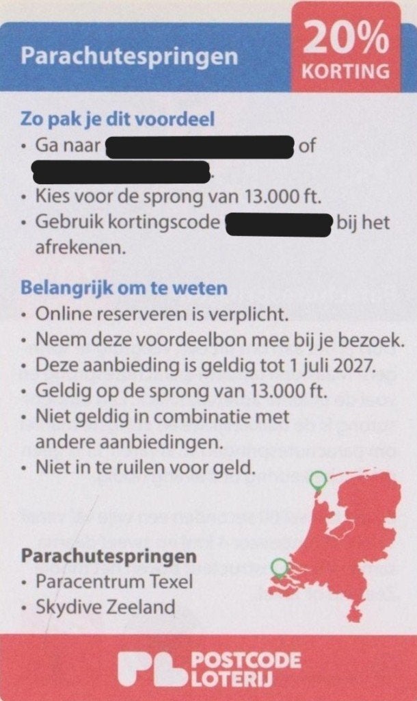 Parachutspringen. 20% korting. Postcodeloterij voordeelbon., Tickets en Kaartjes, Eén persoon