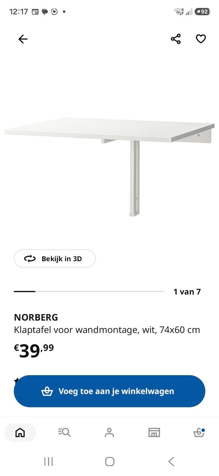 NORBERG Klaptafel voor wandmontage, wit, 74x60 cm, Ophalen, 50 tot 100 cm, Tot twee personen, 50 tot 100 cm
