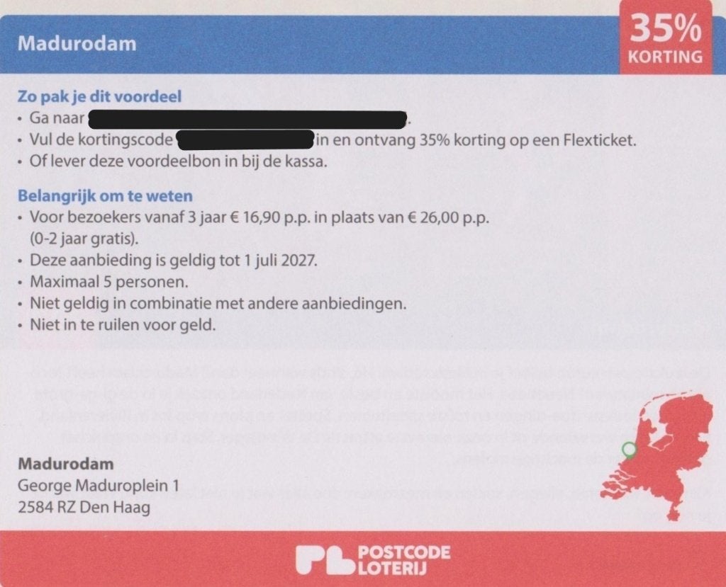 Madurodam Den Haag. 35% korting. Postcodeloterij voordeelbon, Drie personen of meer, Kortingskaart