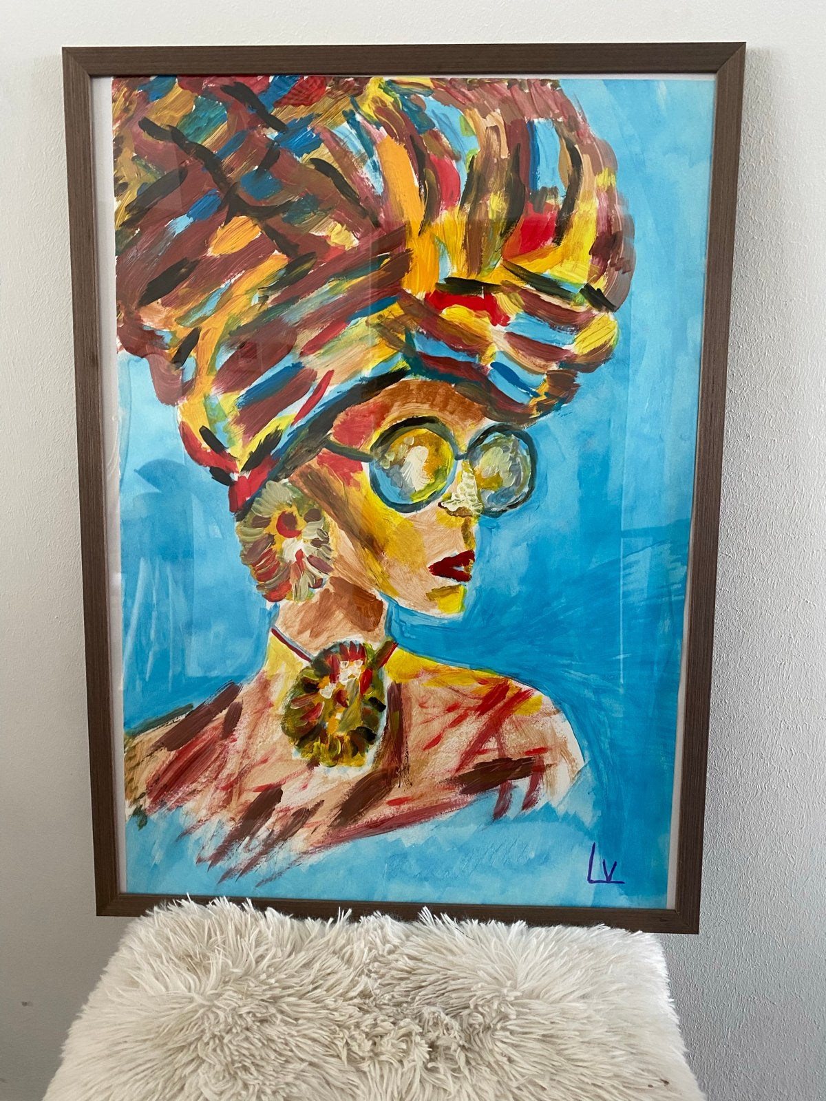 Kleurrijk portret van een vrouw met hoofddoek en bril, Antiek en Kunst, Kunst | Schilderijen | Klassiek, Ophalen of Verzenden