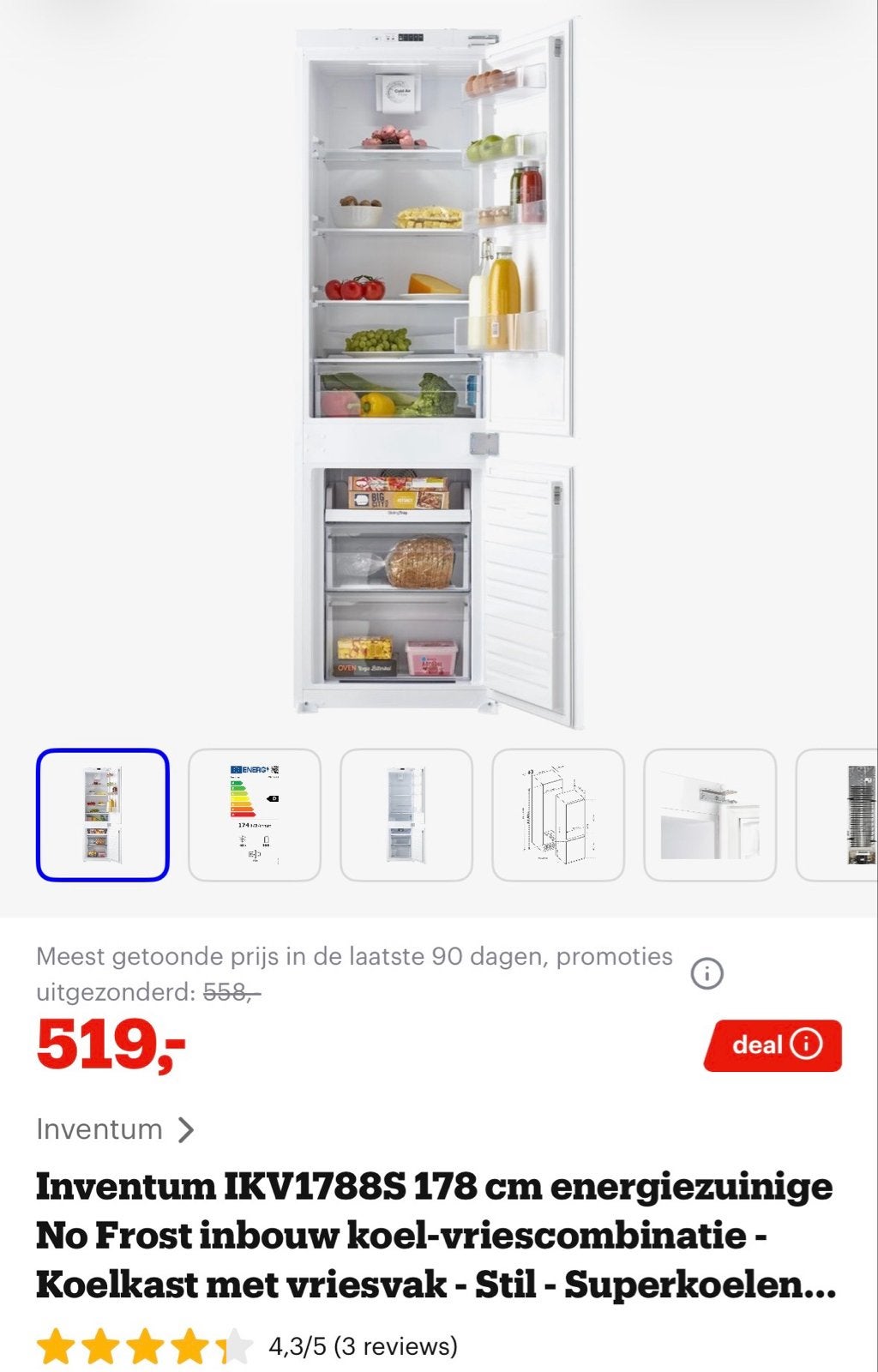 Inventum koel-vries combinatie - Ophalen Amstelveen, Ophalen, Gebruikt, 200 liter of meer, 60 cm of meer