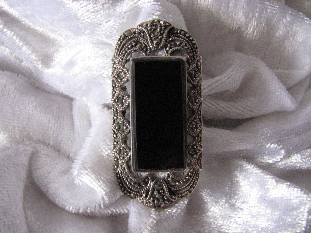 Prachtige Lange Zilveren Art Deco Ring - Zwarte Onix - Marke, Verzenden, Zilver, Ring, Met edelsteen