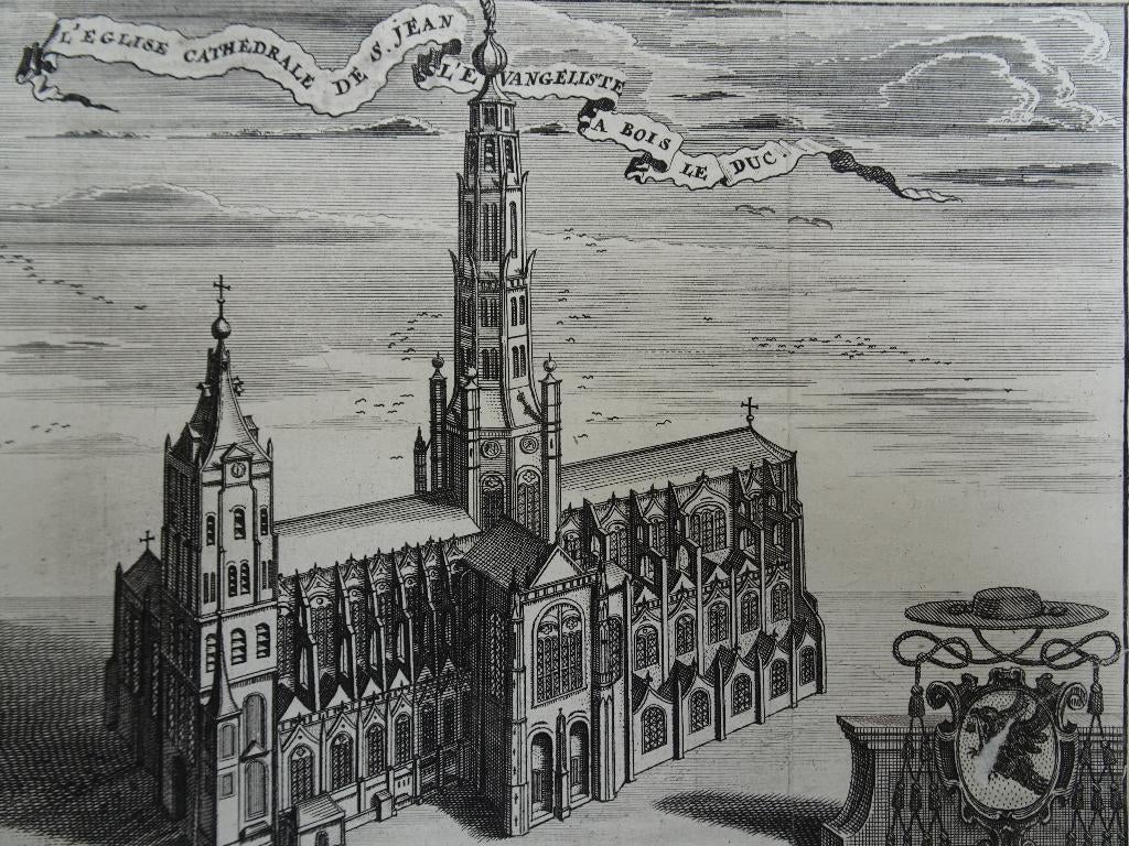 gravure st. Janskathedraal Den Bosch, Harrewijn, 18e eeuw, Antiek en Kunst, Verzenden, Religie, Gravure, Origineel