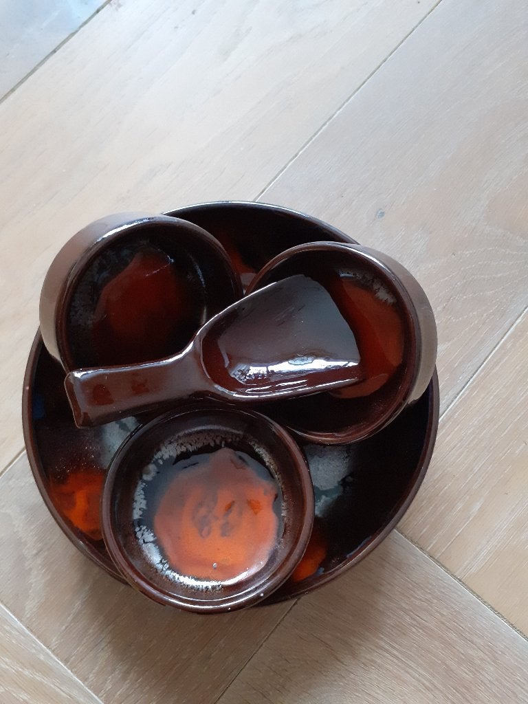 Vintage pinda- snackset Jan van Erp fat lava bruin oranje, Ophalen of Verzenden