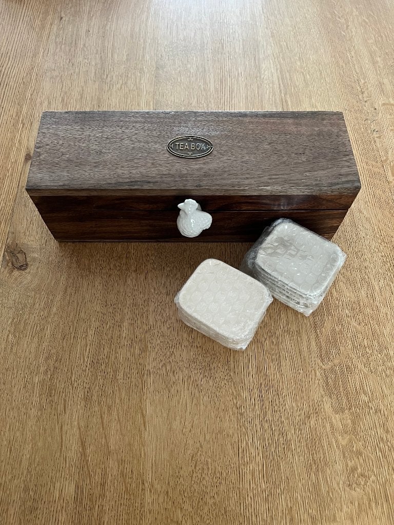 Landelijke houten theedoos met keramische knop kippen serie, Verzenden, Hout, Nieuw, Theedoos