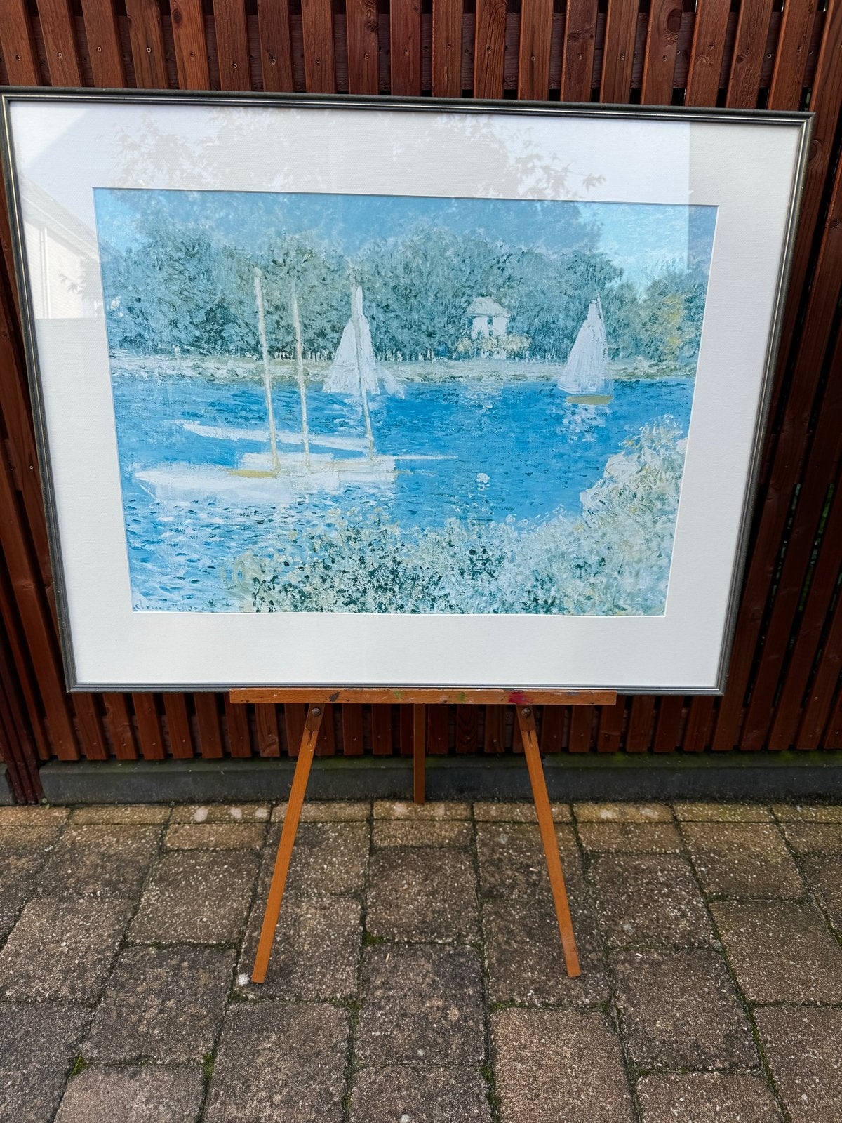Schilderij met zeilboten op het water, Acrylverf, Ingelijst, Overige materialen, Landschap