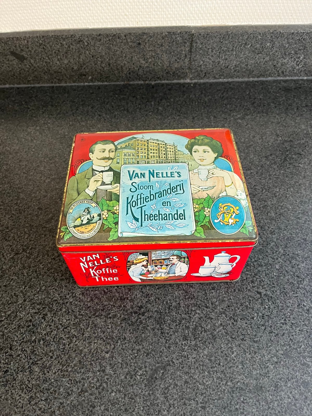 Vintage Van Nelle's Koffie en Thee Blik - Stoom Koffiebrande, Ophalen of Verzenden