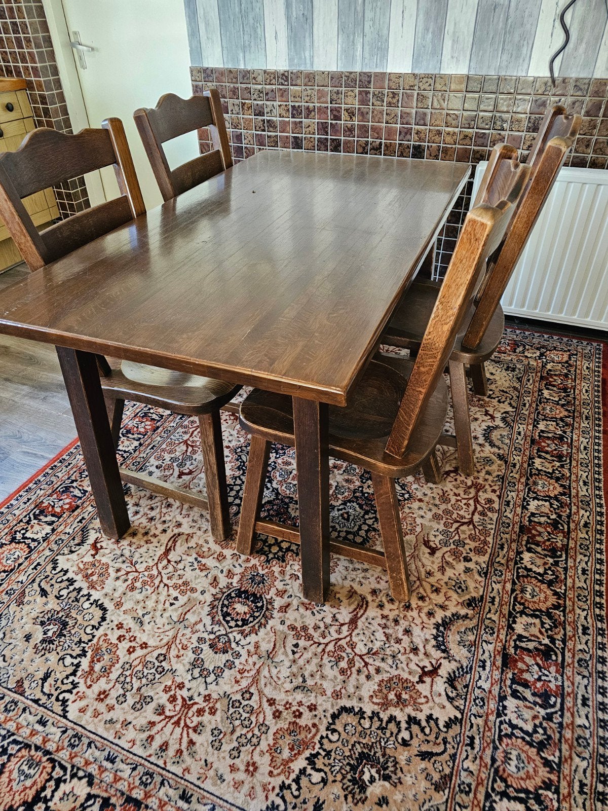 zwaar eiken tafel met 6 stoelen., Ophalen, Gebruikt, 4 tot 6 stoelen