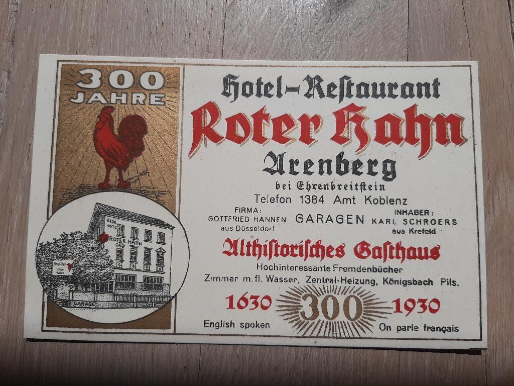 Duitsland Arenberg, Hotel Restaurant Roter Hahn reclame 1930, Ophalen of Verzenden, 1920 tot 1940, Ongelopen, Duitsland