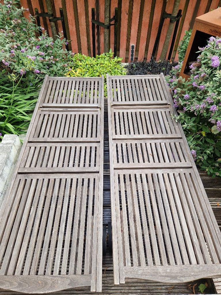 Sunyard ligstoelen + kussens, Ophalen, Gebruikt, Teakhout, Verstelbaar