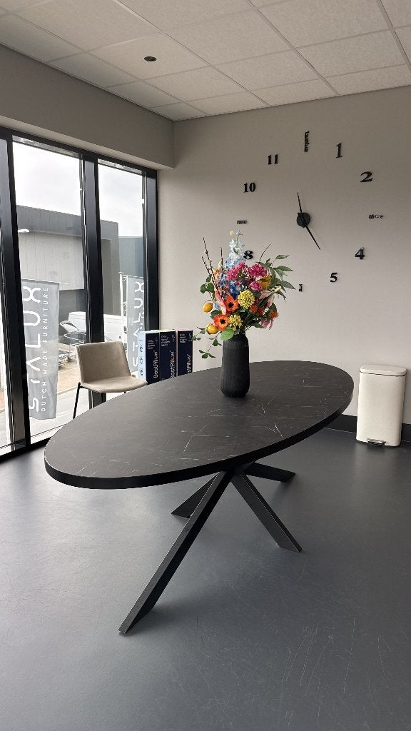 Ovale eettafel zwart staal en marmer melamine 240x100cm, Huis en Inrichting, Ophalen, Modern, Industrieel, 200 cm of meer, 50 tot 100 cm