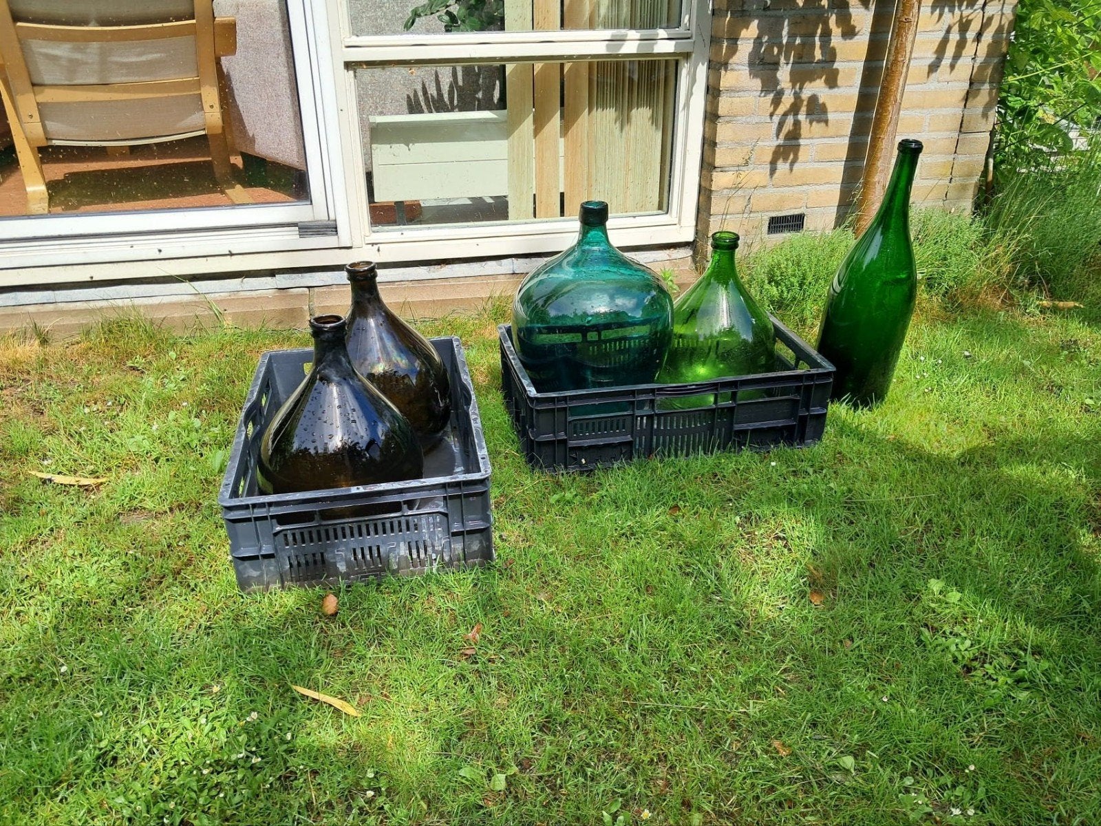 Grote glazen flessen / mandflessen - wijn maken, Antiek en Kunst, Ophalen