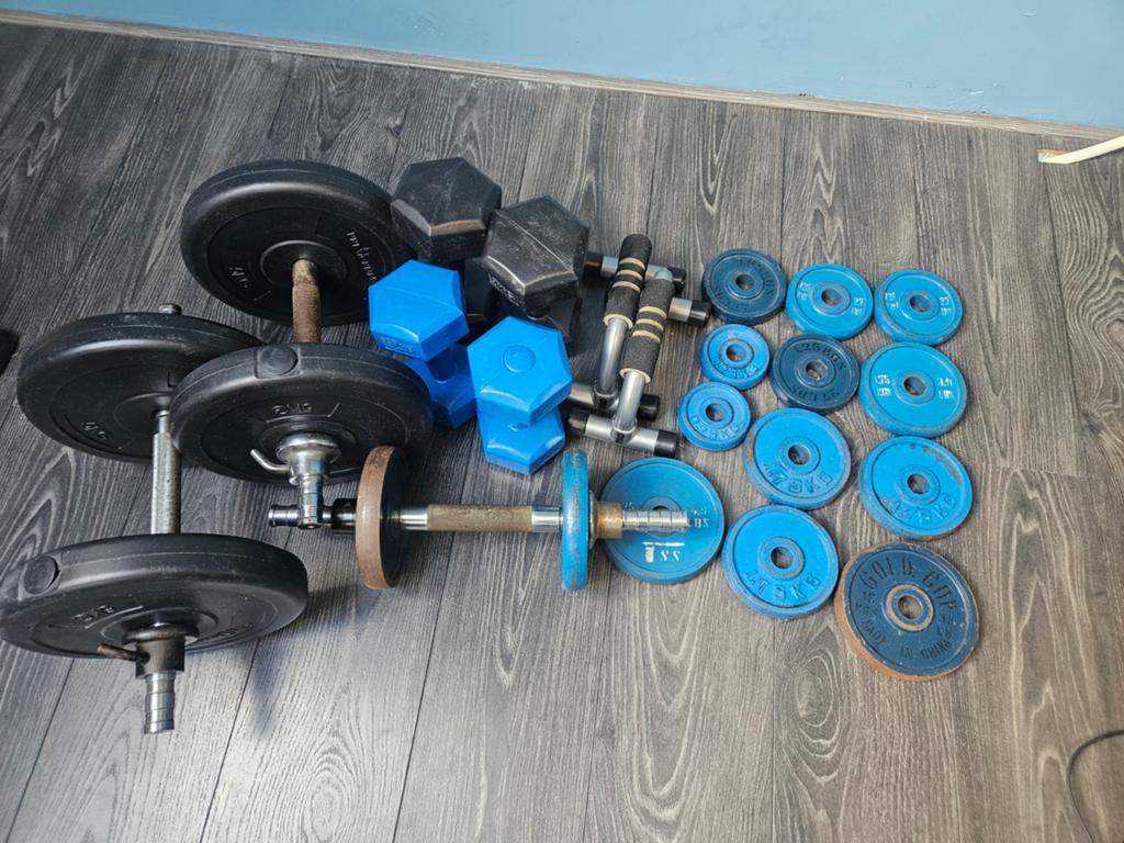 Uitgebreide halterset met diverse gewichten, Sport en Fitness, Fitnessmaterialen, Ophalen, Gebruikt, Rug, Halterset