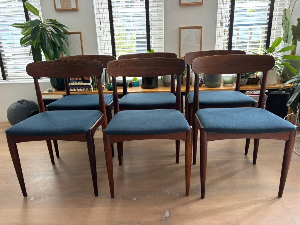 Vintage Johannes Andersen 6x eetkamerstoelen Deens design, Ophalen, Hout, Gebruikt, Bruin