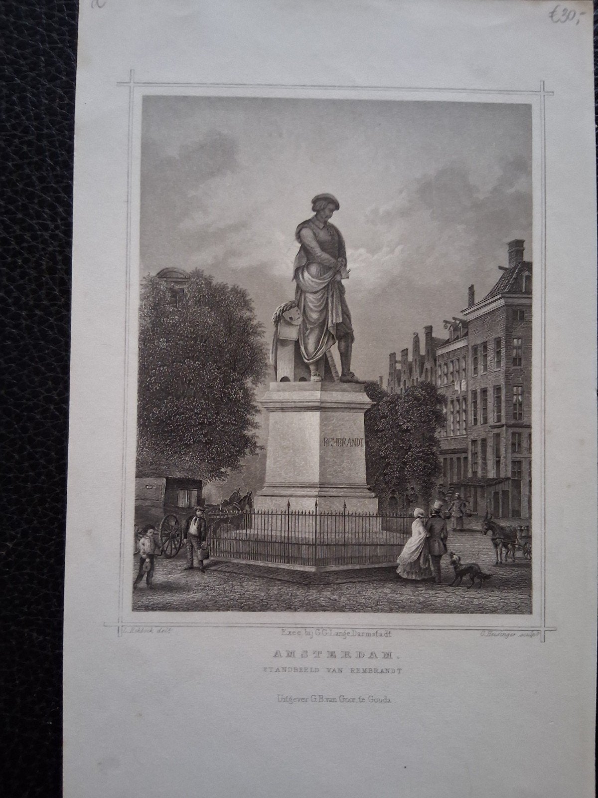 : Standbeeld van Rembrandt, Amsterdam, 1800 - 1899, Met tekst, Stadsgezicht, Ophalen of Verzenden