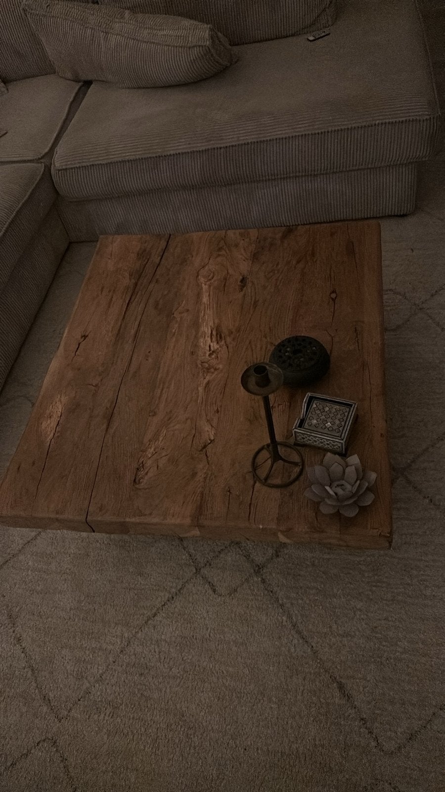 Robuuste houten salontafel op wielen, Ophalen, Gebruikt, 100 tot 150 cm, 50 tot 100 cm