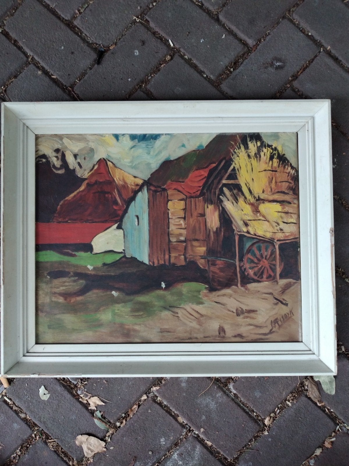 Schilderij in olieverf. Boerderij met kippen., Antiek en Kunst, Ophalen of Verzenden