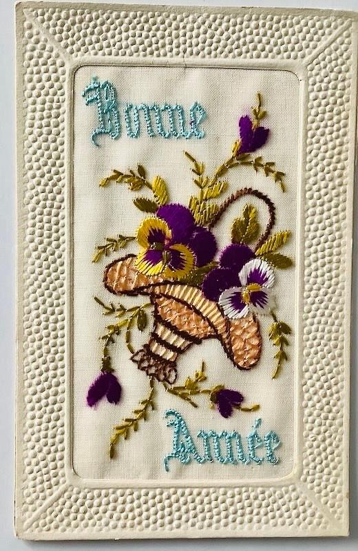 fr 1939 geborduurd rieten mand viooltjes nieuwjaar, Verzamelen, Ansichtkaarten | Themakaarten, Verzenden, 1920 tot 1940, Gelopen