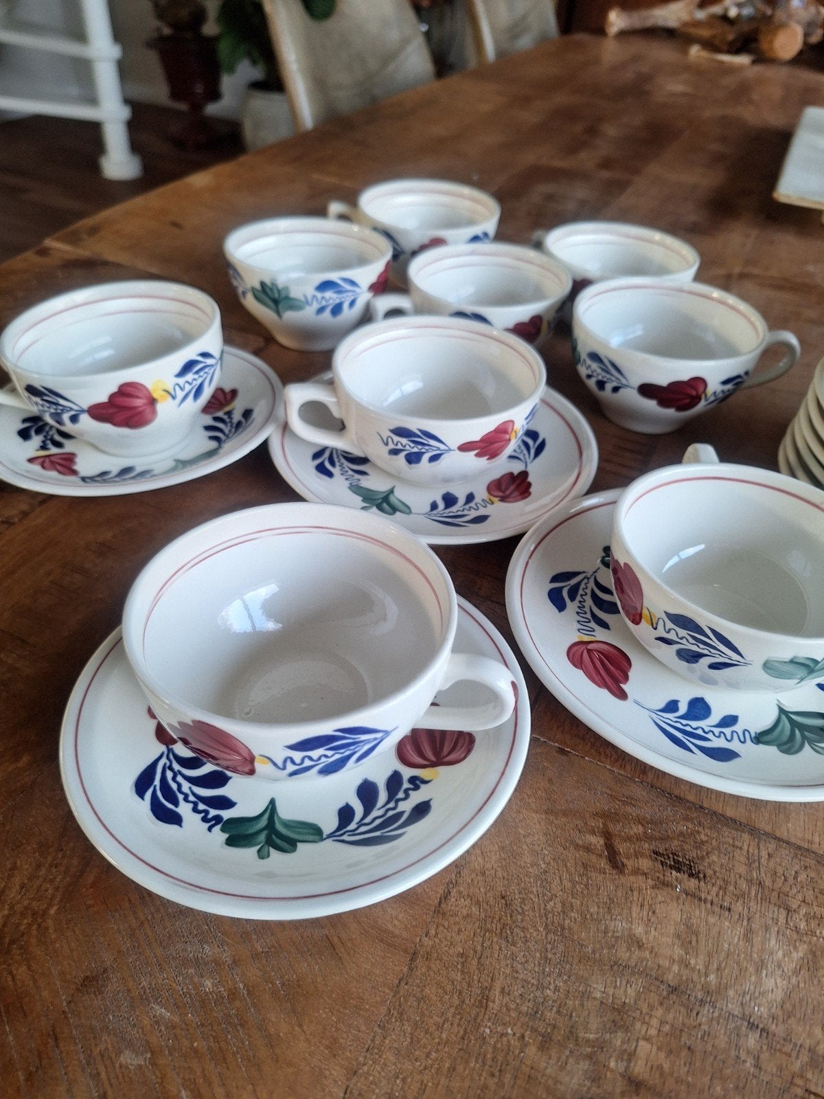 Set van 10 boerenbont boch koffie/theekopjes met schotels, Ophalen of Verzenden