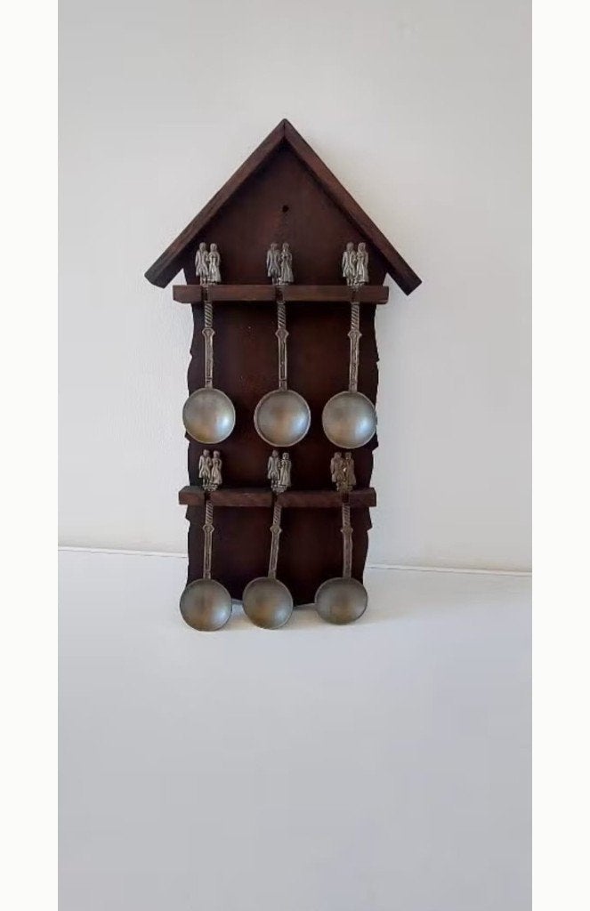 Vintage Holland houten lepelrek lepel rek 6 tinnen tin, Antiek en Kunst, Verzenden
