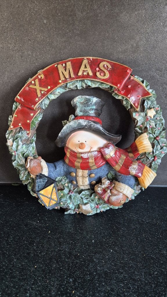 Kerstkrans, resin, sneeuwman, LED lampjes en geluid. S47, Diversen, Tweedehands verkoop, Tweedehands verkoop, Gebruikt, Ophalen of Verzenden