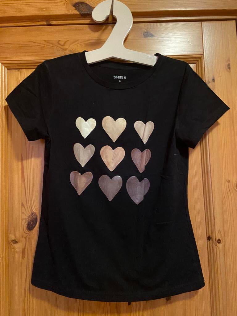 T-shirt zwart hartjes korte mouw shein S, Zwart, Ophalen of Verzenden, Zo goed als nieuw, Korte mouw