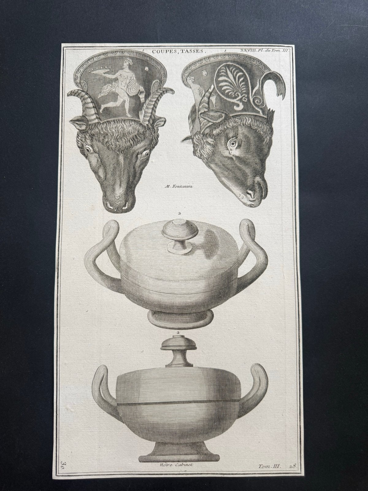 Antieke  gravure Coupes et Tasses met drinkbekers en schalen, Dagelijks leven, Ophalen of Verzenden, Gravure, Origineel