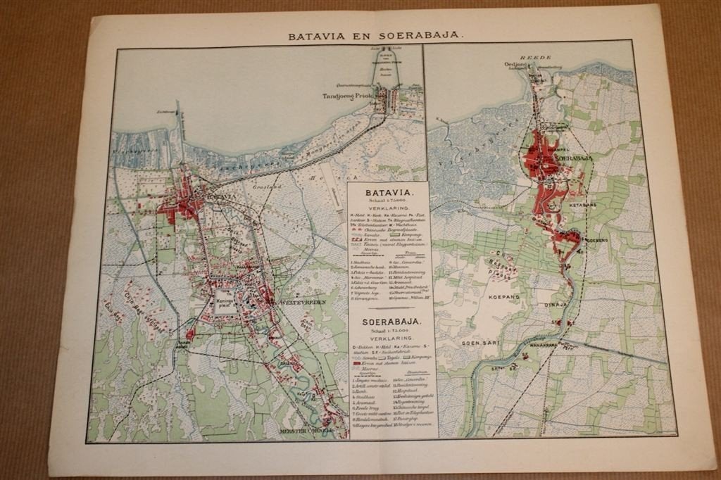 Antieke kaart - Batavia en Soerabaja - Circa 1900, Boeken, Atlassen en Landkaarten, Ophalen of Verzenden, 1800 tot 2000, Nederland