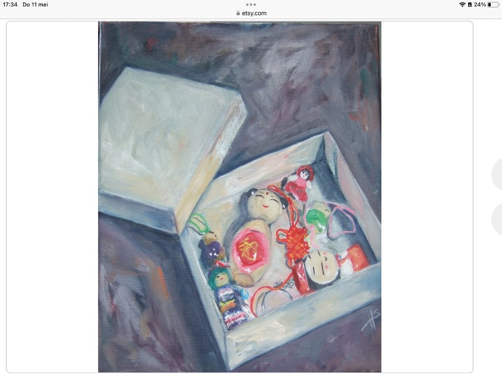 Olieverfschilderij 'Doosje Geluk', Overige stijlen, Doek, Ophalen of Verzenden, Olieverf