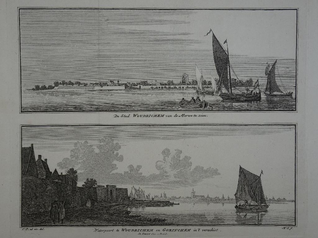 gravure stad en waterpoort Woudrichem, Spilman 1750, Antiek en Kunst, Kunst | Etsen en Gravures, Verzenden, Stadsgezicht, Origineel