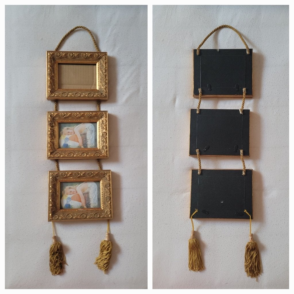 3 Goudkleurige schilderij/fotolijstjes aan koord, Schilderijlijst, Met glas, Ophalen of Verzenden, Zo goed als nieuw