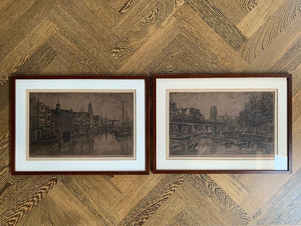 Etsen Rotterdam Kolk en Delfshaven, Antiek en Kunst, Kunst | Etsen en Gravures, Stadsgezicht, Ingelijst, Ophalen, 54 cm