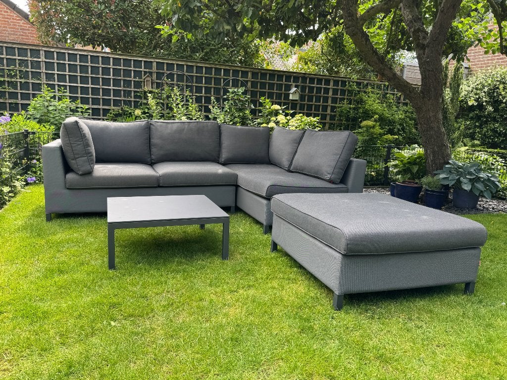 Suns Loungeset Hoekbank met Hocker en Salontafel, Ophalen, 5 zitplaatsen, Aluminium, Zo goed als nieuw
