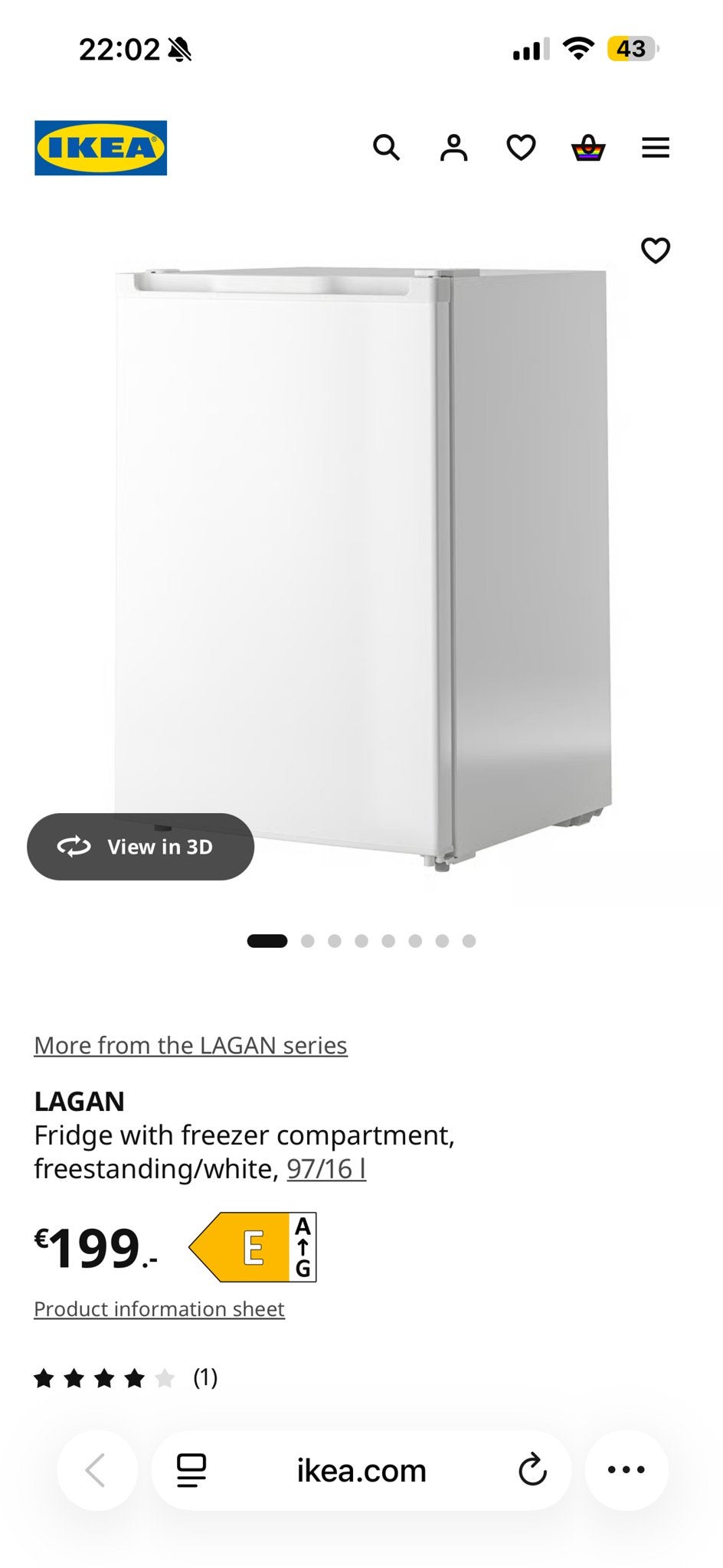 IKEA LAGAN Koelkast met vriesvak, Witgoed en Apparatuur, Gebruikt, 100 tot 150 liter, 45 tot 60 cm, Met vriesvak