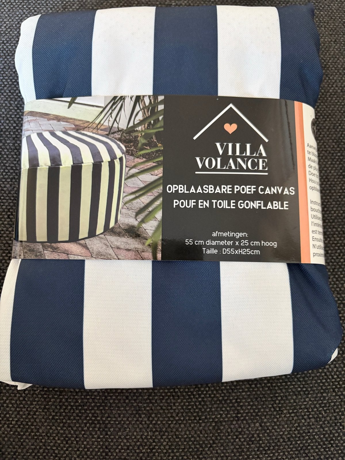 Villa Volance Opblaasbare Poef Canvas - Blauw/Wit Gestreept, Verzenden, Rond, Nieuw, Stof