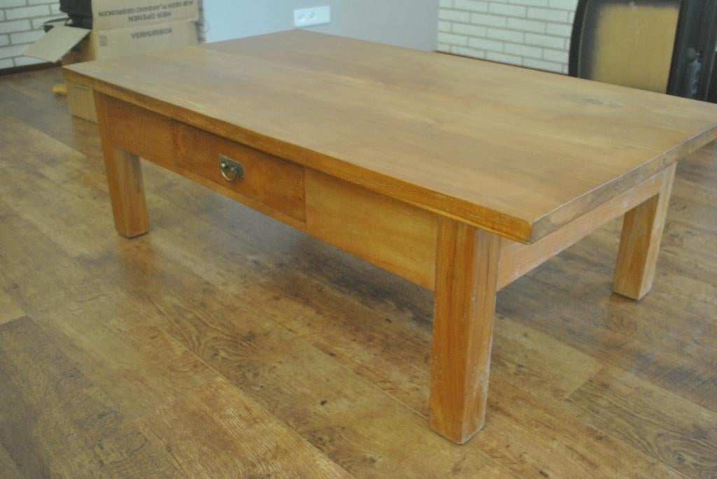 Salontafel, takhout met la, groot model, Huis en Inrichting, Tafels | Salontafels, Ophalen, Gebruikt, 100 tot 150 cm, Teakhout