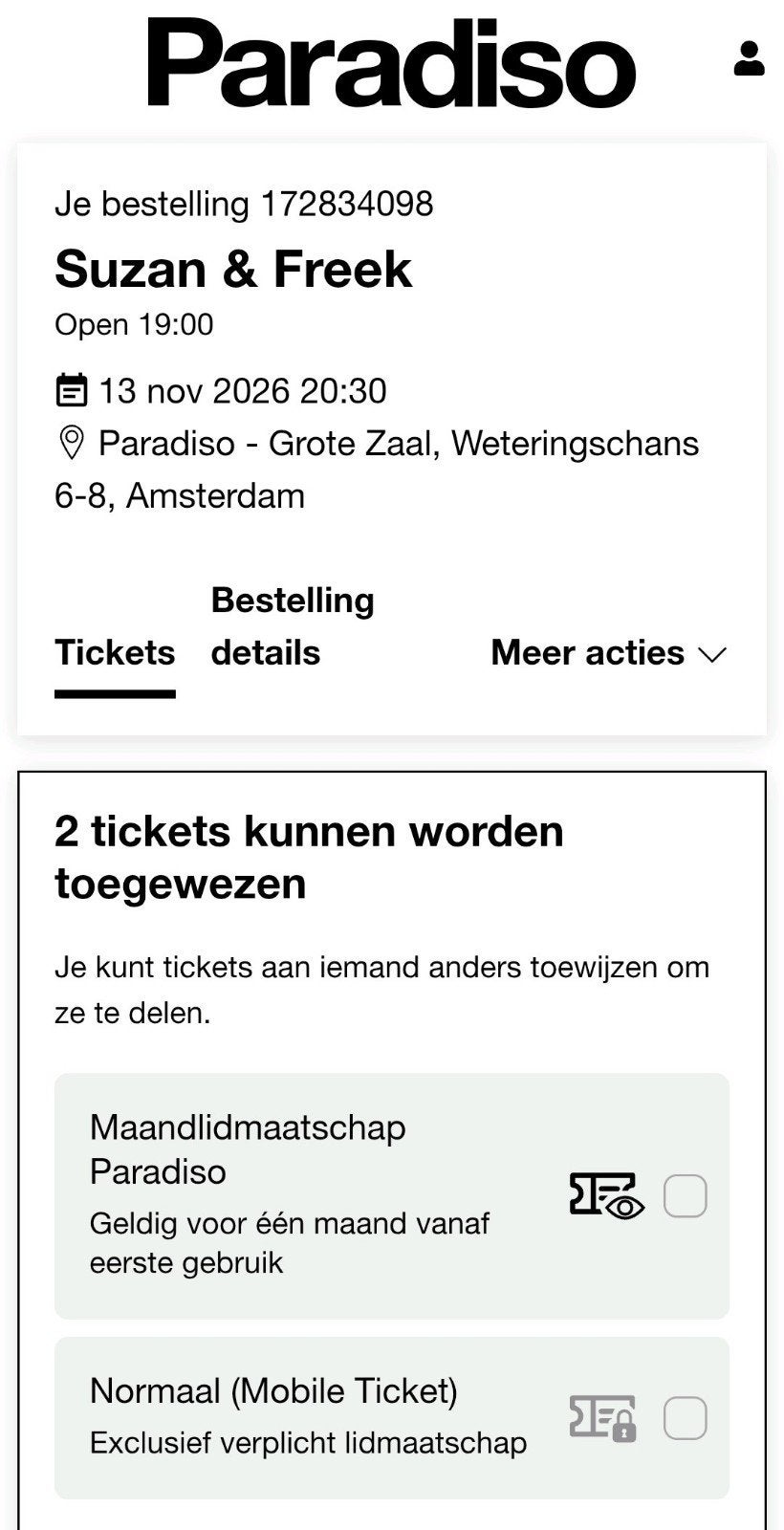 1x Suzan & Freek - Paradiso 13 november, Tickets en Kaartjes, Eén persoon, Overige soorten, Overige typen