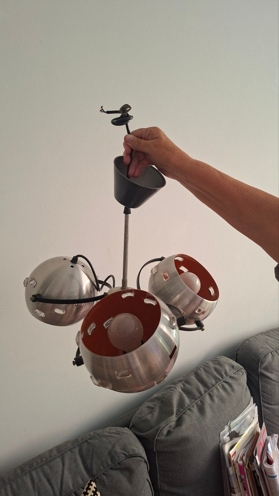 Space Age Hanglamp - Metaal met Oranje Binnenkant, Metaal, Gebruikt, Space Age, Retro, Modern, E27 (groot)