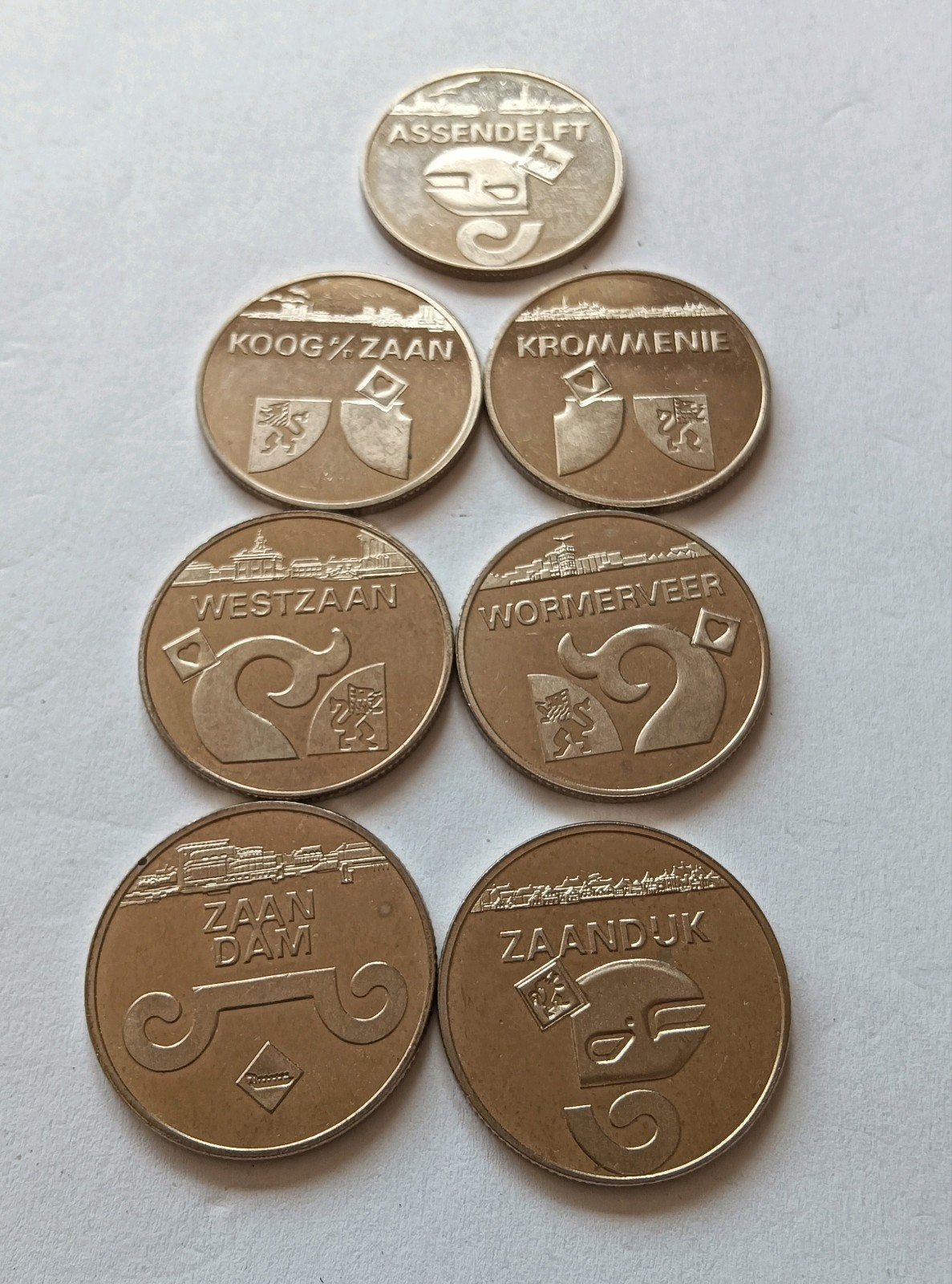 7 x 1 Zaanse klop 25 jaar Zaanstad Assendelft koog a/d Zaan, Postzegels en Munten, Penningen en Medailles, Ophalen of Verzenden
