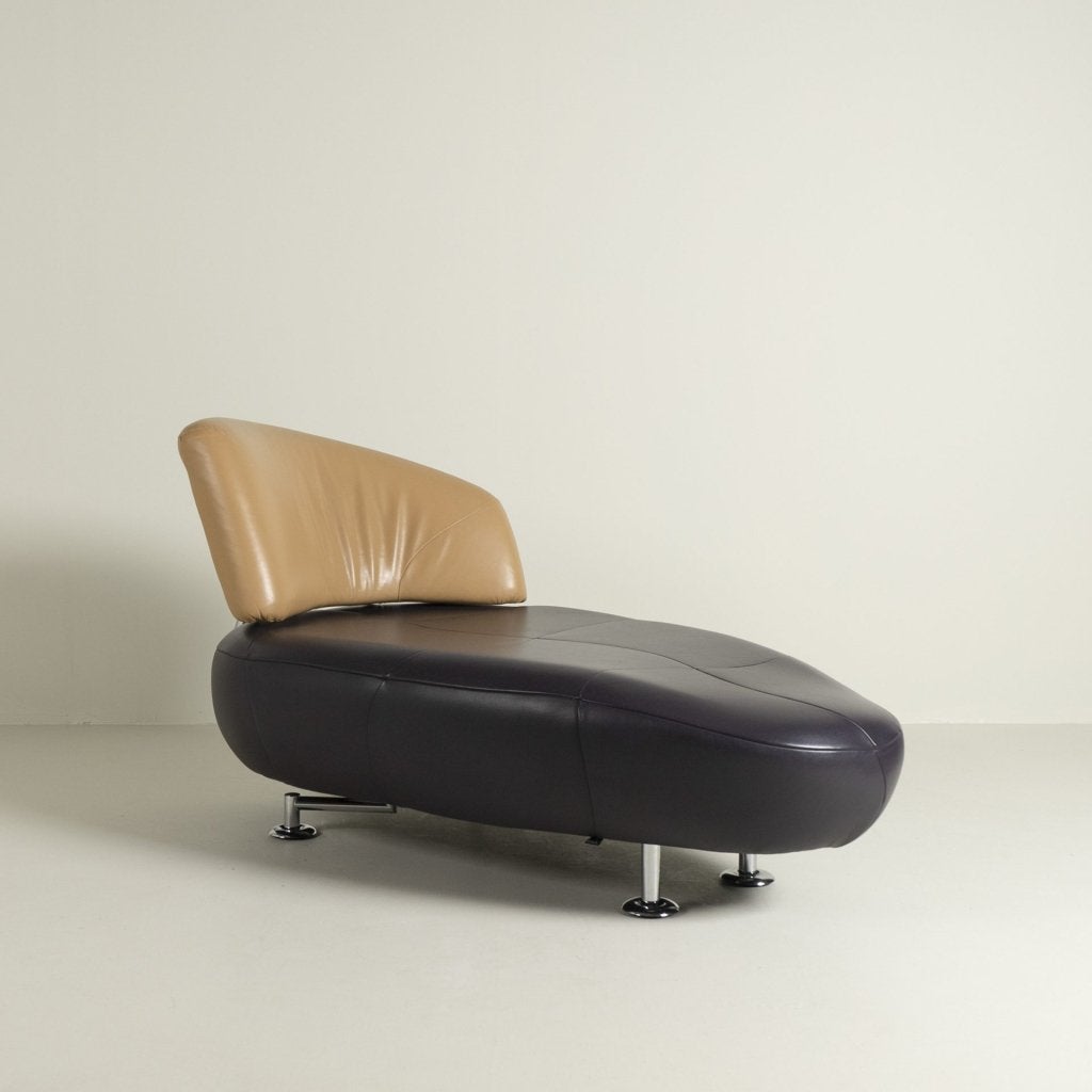 Leolux Kikko Chaise Longue Donkerpaars/Cognac Leer - Chroom, Leolux, Zo goed als nieuw, Niet ingevuld, Niet ingevuld
