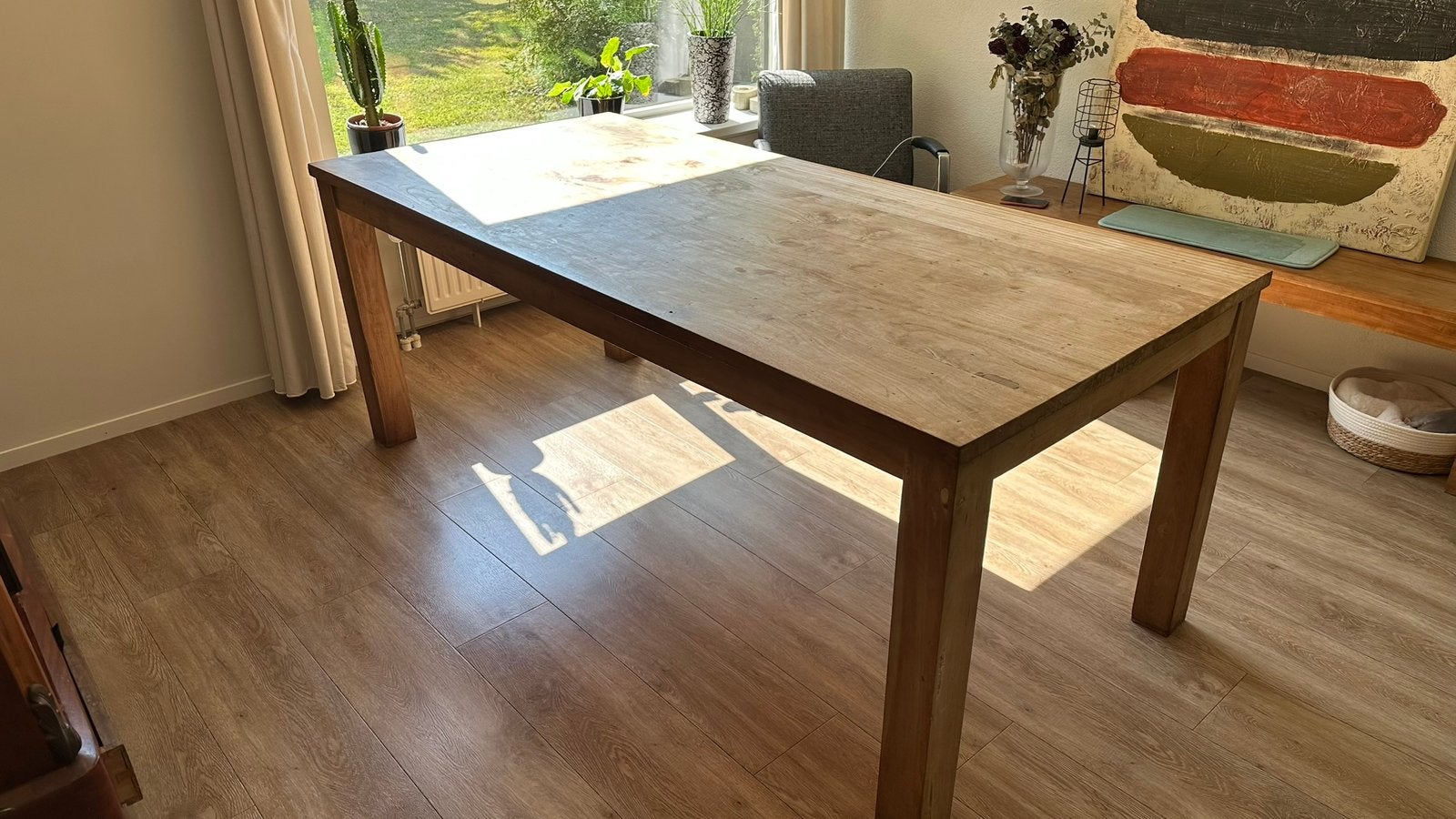 Mooie grote massief houten eettafel, Ophalen, Gebruikt, Teakhout, 50 tot 100 cm