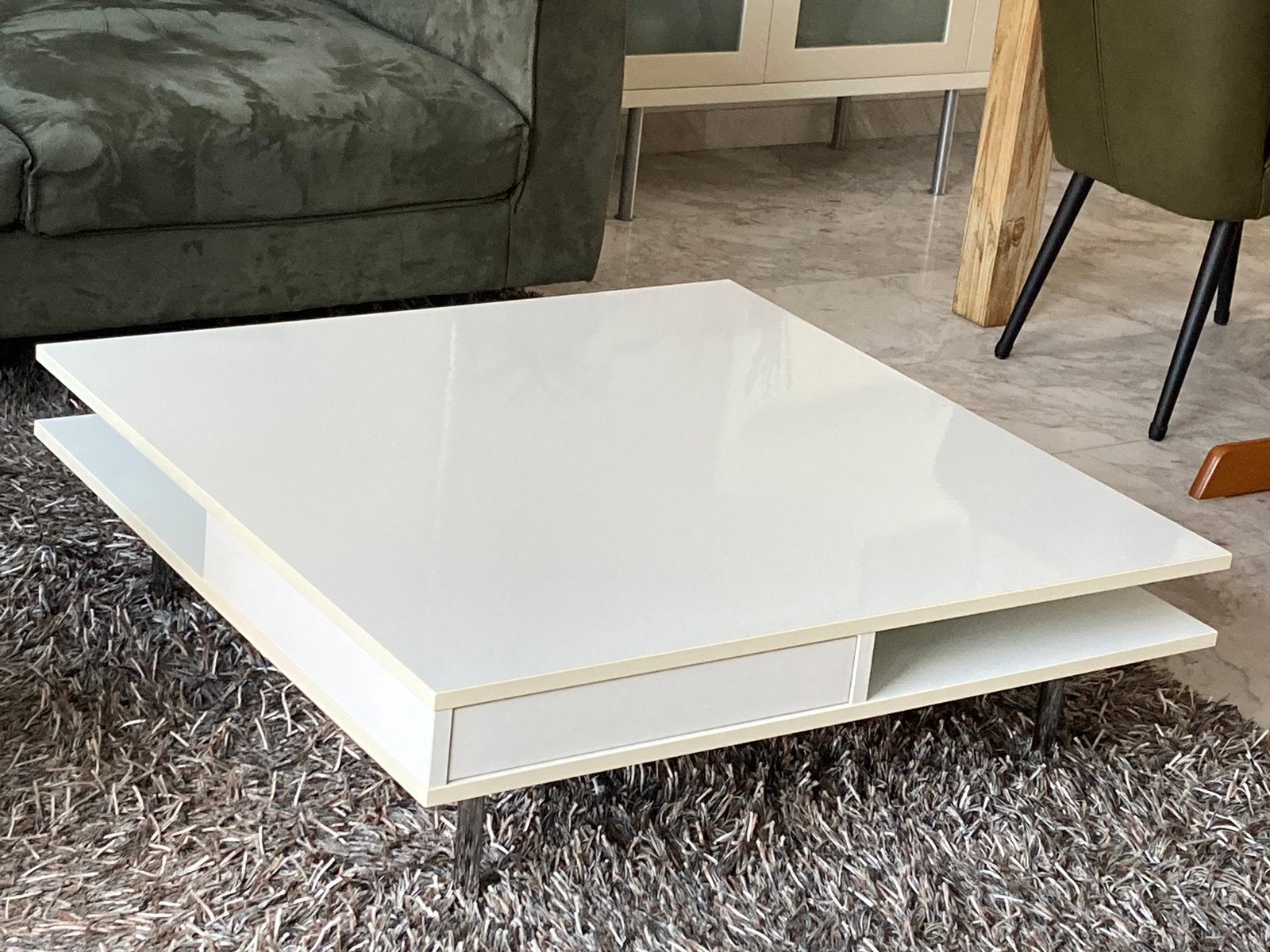 Salontafel hoogglans wit met 2 lades en open opbergvakken, Ophalen, Overige materialen, Strak-Modern, 50 tot 100 cm