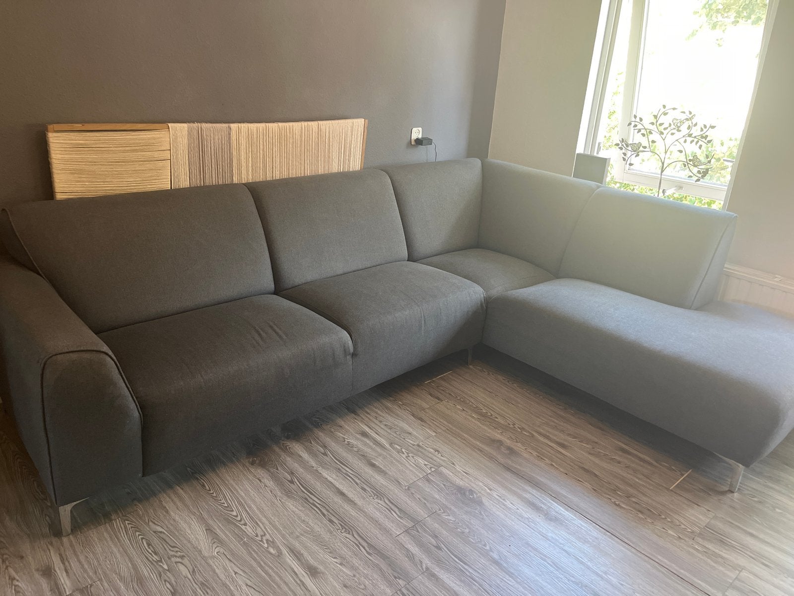 grijze hoekbank met chaise longue, Ophalen, 250 tot 300 cm, Gebruikt, 125 tot 150 cm