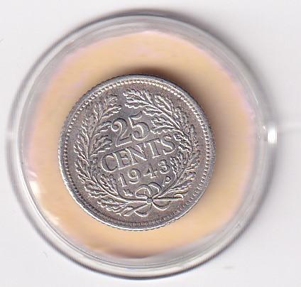 25 Cent 1943 EP met randtikje en Patina, Verzenden, Zilver, 25 cent, Koningin Wilhelmina