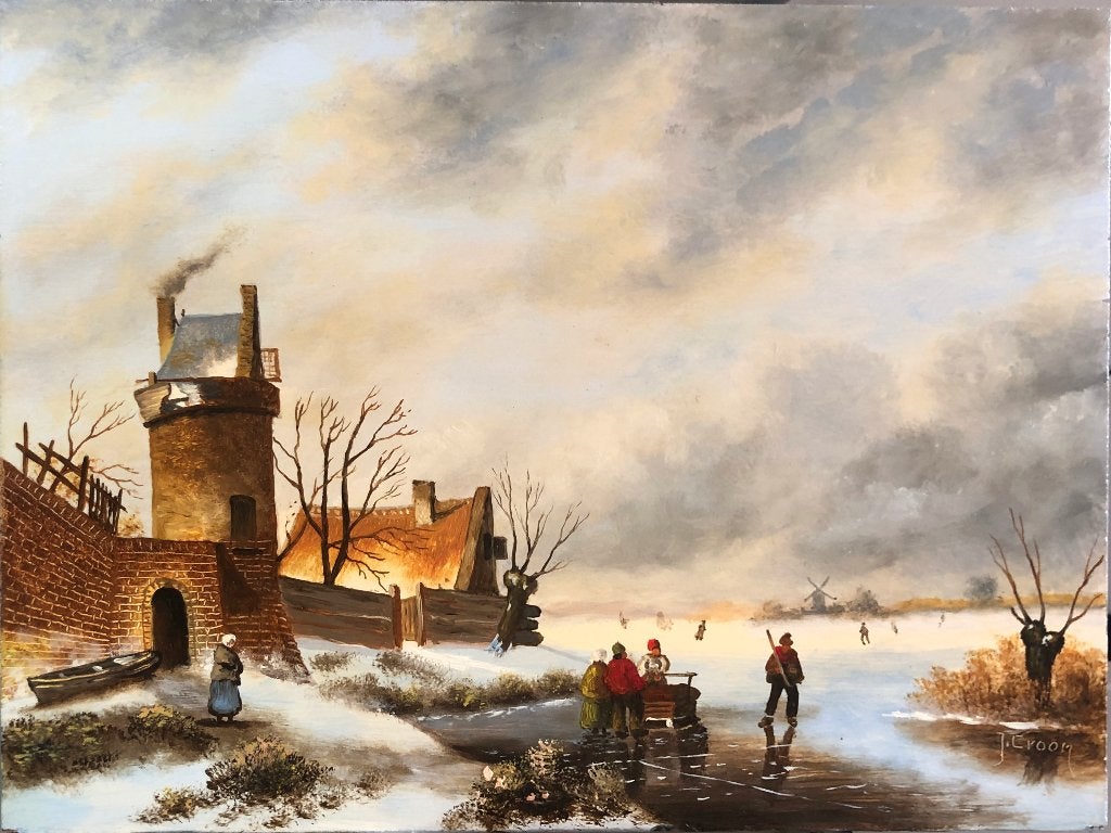 J. Croon Schilderij 'Schaatsen op meer bij stadsmuur', Ophalen of Verzenden